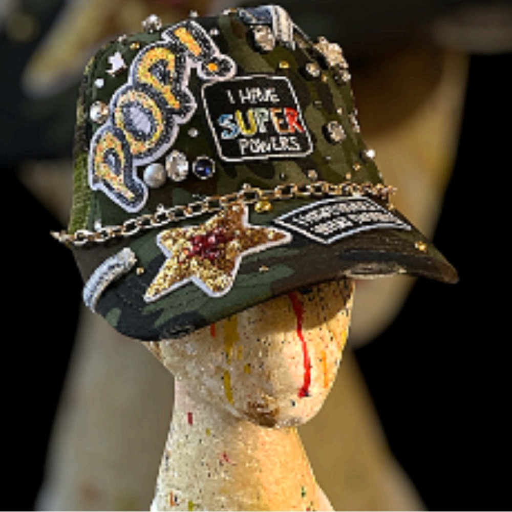 Trucker Embellished Green Trucker Hat with Patches and stones .